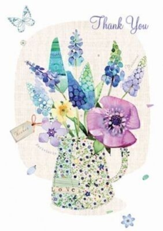 Thank you Card Jug of Flowers by Paper Rose. This quality greeting card by Paper Rose is designed under the Bluebell Woods Label and depicts a jug of flowers with glitter detail. Has Thank You on the Front and With Thanks on the inside. Comes with a purple envelope. Size 17x12cm